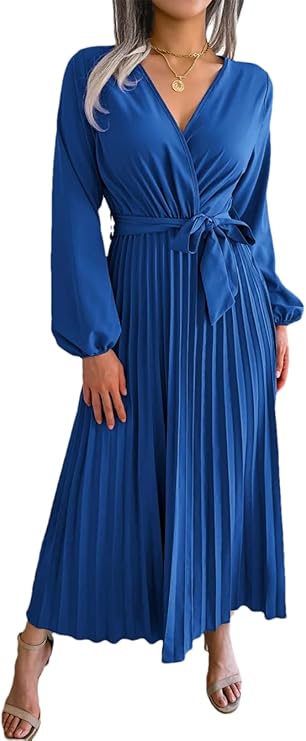 Women Elegant V Neck Long Sleeve Pleated Maxi Dress 7001 Women Elegant V Neck Long Sleeve Pleated Maxi Dress 7001