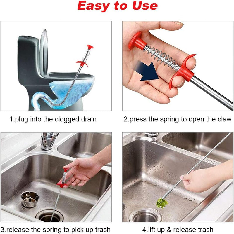 Drain Snake, Spring Pipe Dredging Tool 21” Telescopic Flexible Pickup Claws Reusable Clog Remover For Drains Sink Toilet Vents
