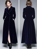 Women's Slim Notch Lapel Long Vintage Velvet Trench Coat Dress 27840