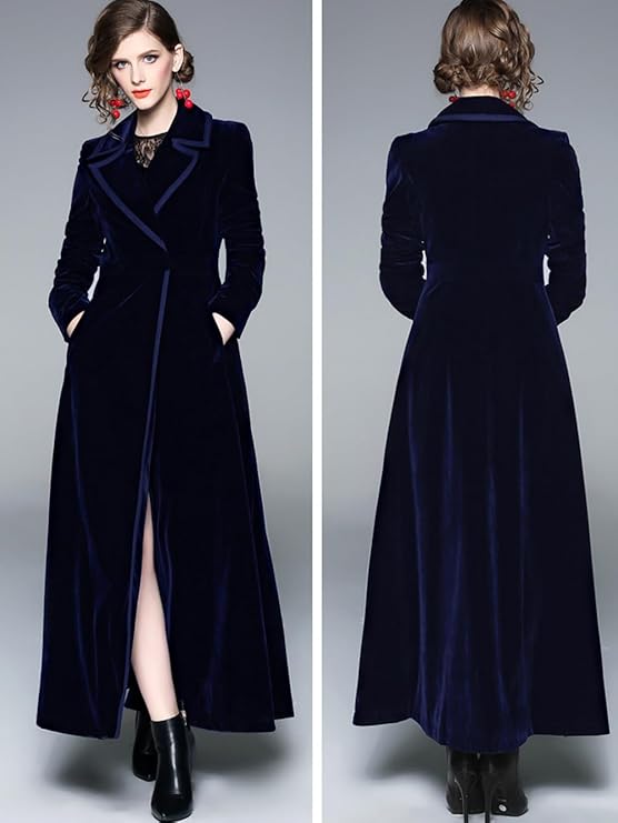 Women's Slim Notch Lapel Long Vintage Velvet Trench Coat Dress 27840