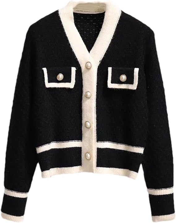Women Elegant Knit Patchwork Cardigan Short Jacket 60454 Women Elegant Knit Patchwork Cardigan Short Jacket 60454