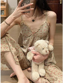 Floral Trouser Suits Pajamas Woman Summer Home Wear 2 Pieces Sleep Tops + Pants Sleeve Nightie Pijamas 2XL X4594951 - Tuzzut.com Qatar Online Shopping
