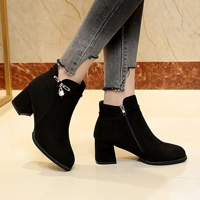 Women's Solid Color Mid Calf Boots Retro Chunky High Heels Pointed Toe Side Zipper Booties 37 - Tuzzut.com Qatar Online Shopping