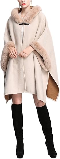 Women's Luxury Batwing Sleeve Faux Fur Hooded Cloak Poncho Sweater Cape 57459 Women's Luxury Batwing Sleeve Faux Fur Hooded Cloak Poncho Sweater Cape 57459