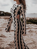 Knit Bodycon Dress for Women Long Sleeve Wave Printed Maxi Dress Backless Crochet Knit Long Dresses 125225