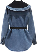 Women's Denim Coat Lapel Patchwork Pocket Single Breasted Belt Fake Two Piece Shirt Jackets 79128 - TUZZUT Qatar Online Shopping