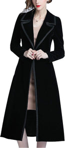 Women's Slim Notch Lapel Long Vintage Velvet Trench Coat Dress 27840