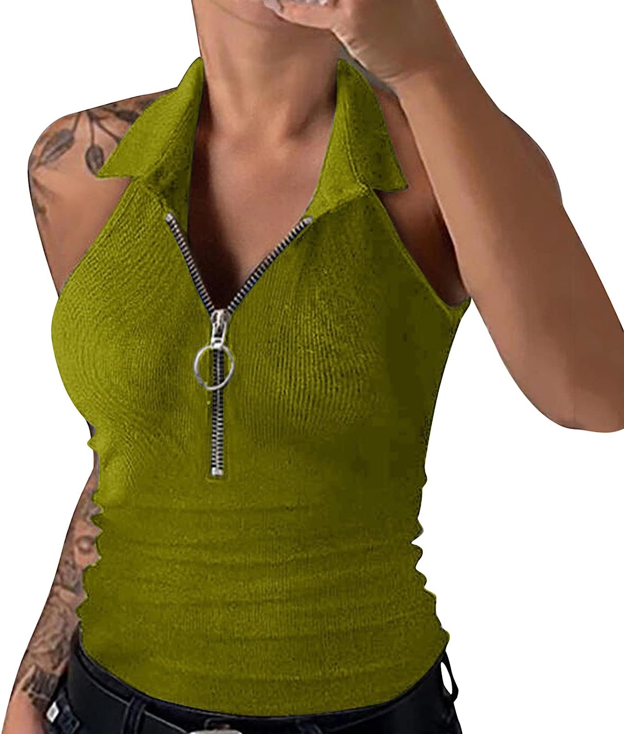 Womens Ribbed Design Casual T-Shirts Lapel Zipper Sleeveless Solid Color Halter Vest T Shirt Tunic Summer Tops Blouses S4429984 Womens Ribbed Design Casual T-Shirts Lapel Zipper Sleeveless Solid Color Halter Vest T Shirt Tunic Summer Tops Blouses S4429984