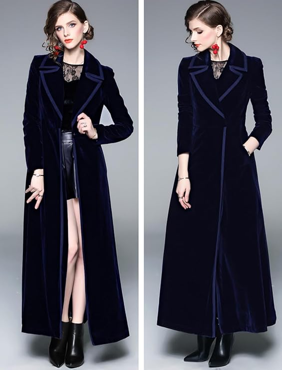 Women's Slim Notch Lapel Long Vintage Velvet Trench Coat Dress 27840