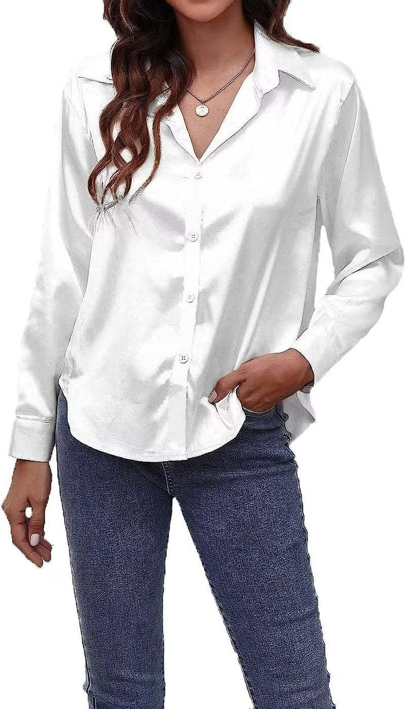 Autumn Fashion Button Up Satin Silk Shirt Spring Vintage Blouse Women White Lady Long Sleeves Female Loose Street Shirts S3832436 - Tuzzut.com Qatar Online Shopping