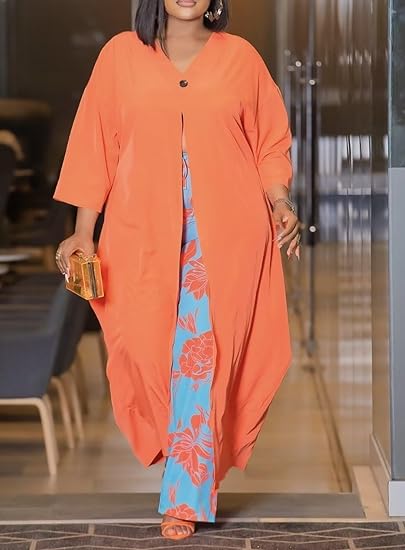 Floral V Neck Long Cardigan Cover Up Wide Leg Pants Sets Plus Size B-90645 Floral V Neck Long Cardigan Cover Up Wide Leg Pants Sets Plus Size B-90645