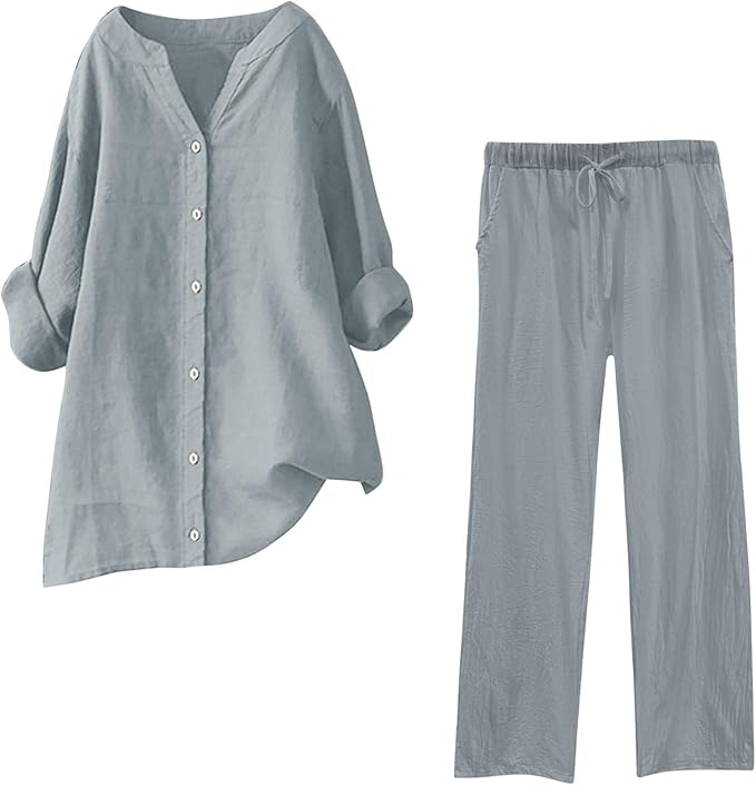 2 Piece Linen Sets for Women Summer Button Down Shirts B-294861 - TUZZUT Qatar Online Shopping