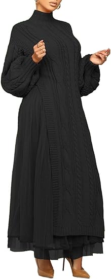 Long Lantern Sleeve Slit Sweater Dress and Maxi Tulle Skirt Set 75991 Long Lantern Sleeve Slit Sweater Dress and Maxi Tulle Skirt Set 75991