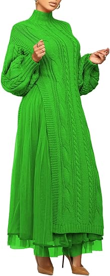 Long Lantern Sleeve Slit Sweater Dress and Maxi Tulle Skirt Set 75991 Long Lantern Sleeve Slit Sweater Dress and Maxi Tulle Skirt Set 75991