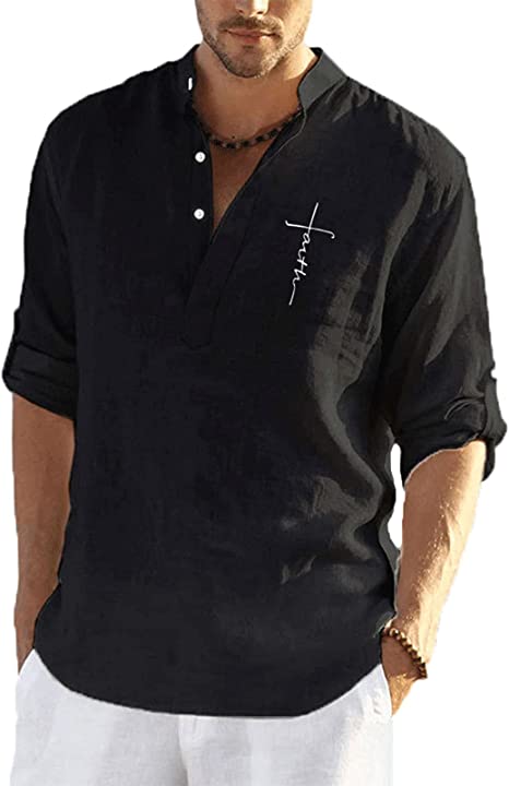 keepmore Men's Casual Linen Shirt - Solid Color - Stand Collar - Rolled Sleeve S3767898 - Tuzzut.com Qatar Online Shopping