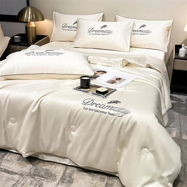 4 Piece Set Ice Silk Quilt Summer Comforter, Pillow Covers & Bed Sheet-Grey - TUZZUT Qatar Online Shopping