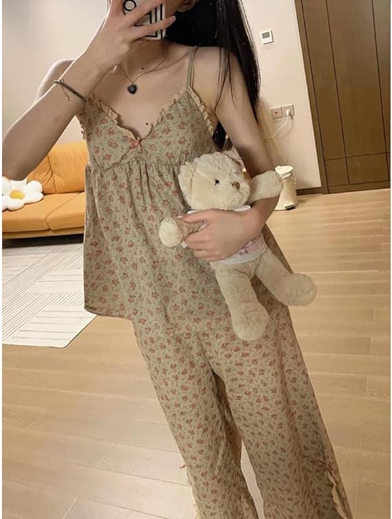 Floral Trouser Suits Pajamas Woman Summer Home Wear 2 Pieces Sleep Tops + Pants Sleeve Nightie Pijamas 2XL X4594951 - Tuzzut.com Qatar Online Shopping
