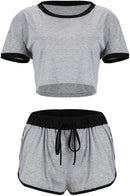 Women Loose Spots Two piece crop Top Shorts  Yoga Wear Pajama Set 29431
