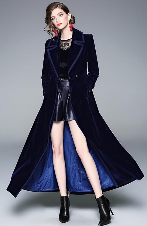 Women's Slim Notch Lapel Long Vintage Velvet Trench Coat Dress 27840 Women's Slim Notch Lapel Long Vintage Velvet Trench Coat Dress 27840