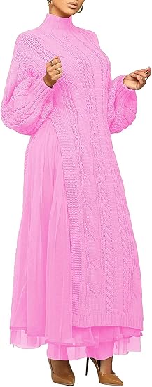Long Lantern Sleeve Slit Sweater Dress and Maxi Tulle Skirt Set 75991 Long Lantern Sleeve Slit Sweater Dress and Maxi Tulle Skirt Set 75991