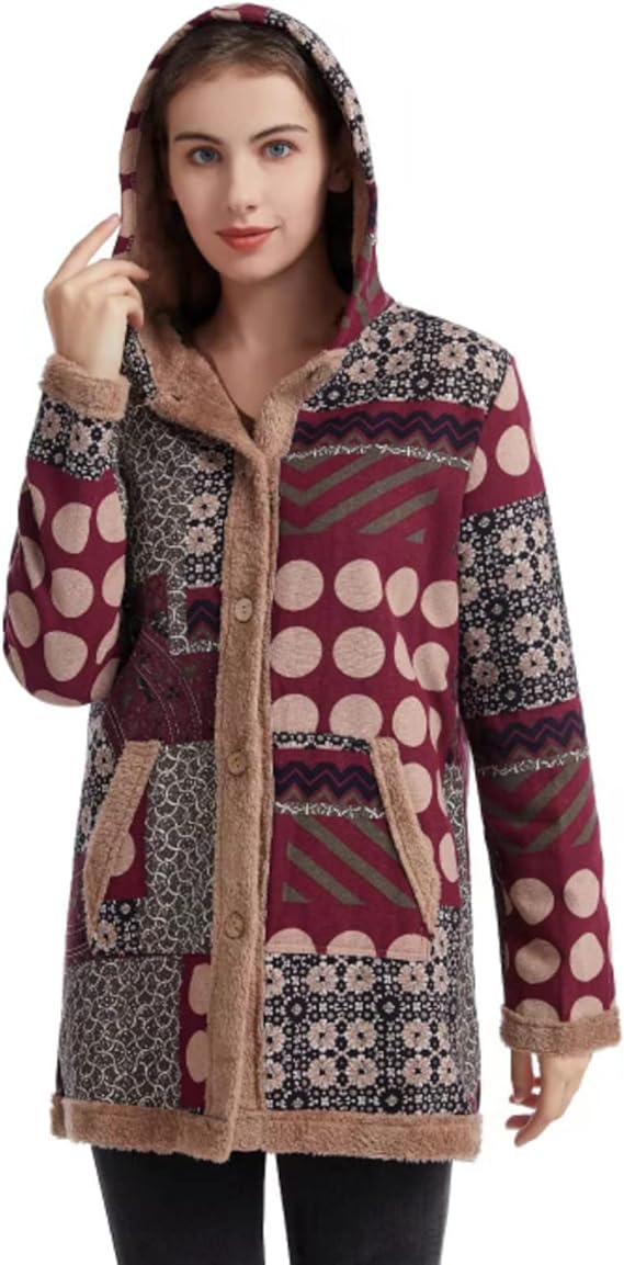 Women Parka Plus Size Coat Hooded Warm Soft Fluffy Faux Fur Lined Vintage Print Autumn Winter Jacket Overcoat B-40831 - Tuzzut.com Qatar Online Shopping