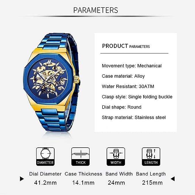 Mechanical Mens Watches Fashion Automatic Male Clock Blue Stainless Steel Waterproof Business Skeleton Watch W7569756 - Tuzzut.com Qatar Online Shopping