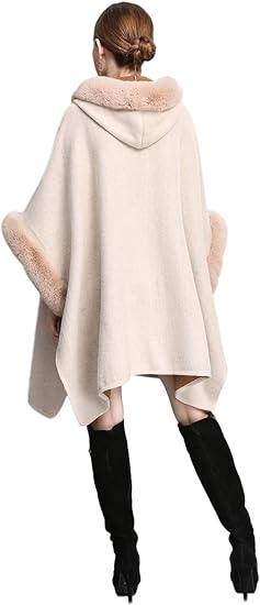 Women's Luxury Batwing Sleeve Faux Fur Hooded Cloak Poncho Sweater Cape 57459 Women's Luxury Batwing Sleeve Faux Fur Hooded Cloak Poncho Sweater Cape 57459