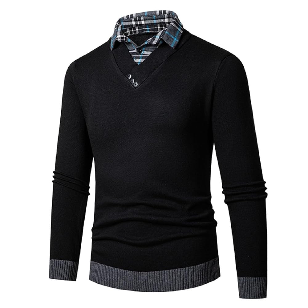 Mens Trunk Neck Sweaters Quarter Button Sweater Fake 2 Pieces Knitwear Fall Winter Pullover Tops 74239