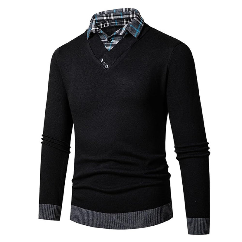 Mens Trunk Neck Sweaters Quarter Button Sweater Fake 2 Pieces Knitwear Fall Winter Pullover Tops  74239 - TUZZUT Qatar Online Shopping