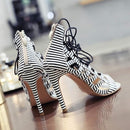 Strappy Lace Up Striped Peep Toe Stilettos Pumps High Heels PL4698 - TUZZUT Qatar Online Shopping