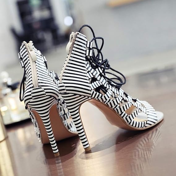 Strappy Lace Up Striped Peep Toe Stilettos Pumps High Heels PL4698 Strappy Lace Up Striped Peep Toe Stilettos Pumps High Heels PL4698