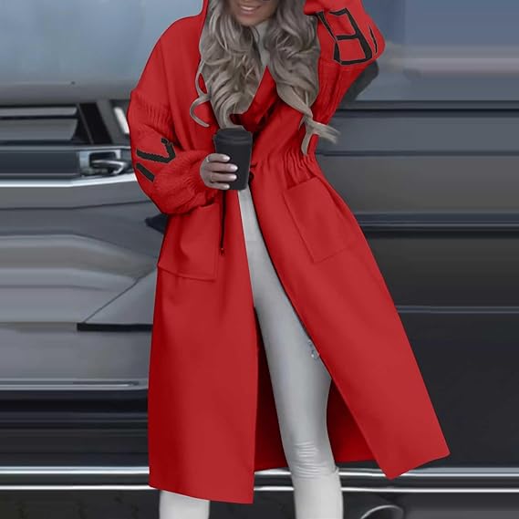 Women Fashion Letter Knitted Hooded Jackets Zipper Drawstring Long Overcoat 169469