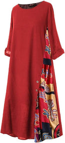 Women's Dress 3/4 Sleeve Patchwork Floral Print O-Neck Button Plus P-8745 - TUZZUT Qatar Online Shopping