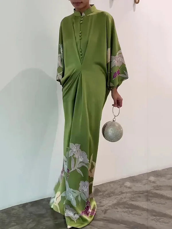 Batwing Sleeves Loose Floral Printed Muslim Pleated Stand Collar Maxi Dresses 133415 Batwing Sleeves Loose Floral Printed Muslim Pleated Stand Collar Maxi Dresses 133415