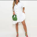 Female Casual Office Mini Dress Summer Solid Color Streetwear Shirt Dresses Fashion Women Button Ruffled Sleeves Irregular Dress S1385620 - Tuzzut.com Qatar Online Shopping