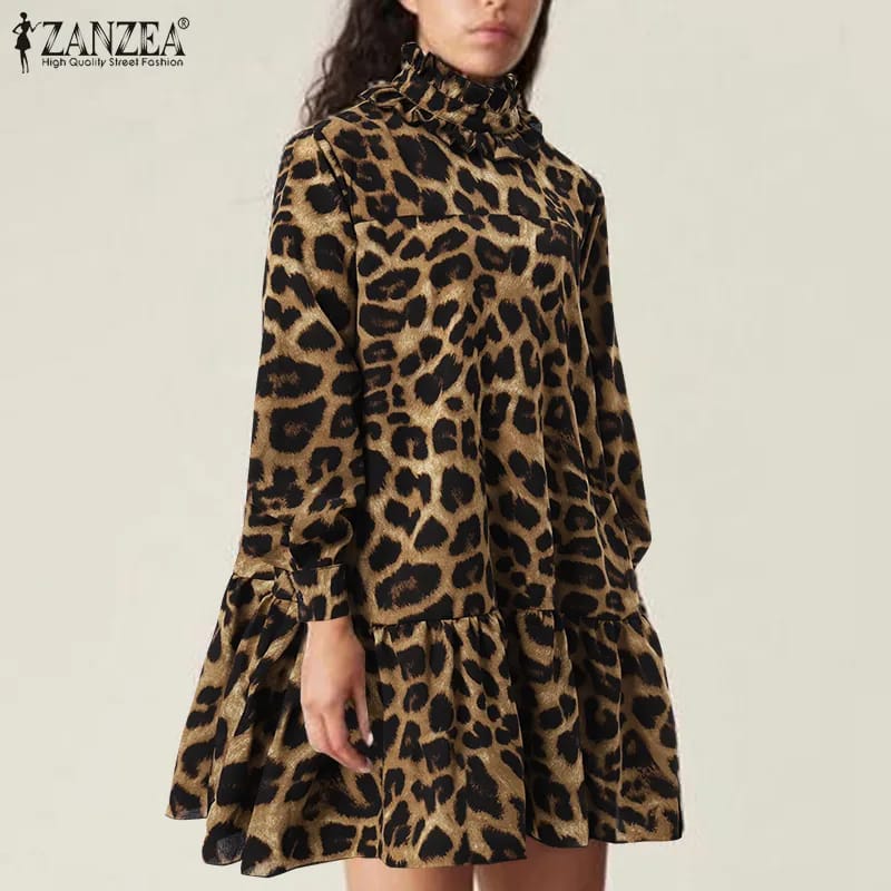 Esolo ZANZEA Women Long Shirt Leopard Animal Print Blouse Casual Loose Evening Tops Shirt S4364199