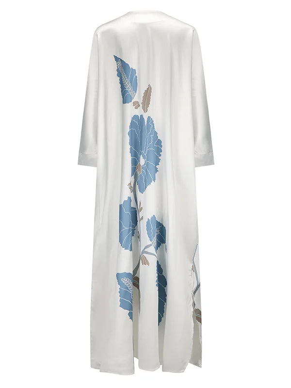 Long Sleeves Buttoned Flower&Leaves Print V-Neck Maxi Dress 133414 Long Sleeves Buttoned Flower&Leaves Print V-Neck Maxi Dress 133414