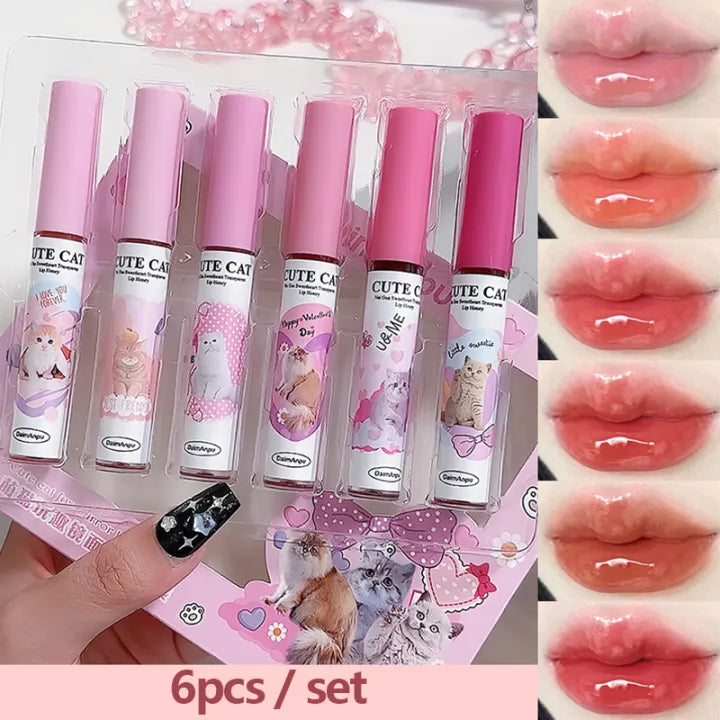 6pcs Cute Mirror Glass Lip Glaze Set Water Light Cat Lipstick 528962 - TUZZUT Qatar Online Shopping