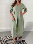 Women's V-neck Long Sleeve Chiffon Shirt 2 Piece Set Casual Wide Leg   B88937 - TUZZUT Qatar Online Shopping