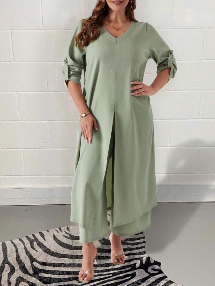 Women's V-neck Long Sleeve Chiffon Shirt 2 Piece Set Casual Wide Leg B88937 Women's V-neck Long Sleeve Chiffon Shirt 2 Piece Set Casual Wide Leg B88937
