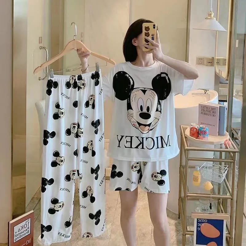 Disney Mickey White Women's Spring Summer Pajamas Set Three-piece Short Sleeve + Shorts + Trousers Soft And Comfortable Homewear L X4250045 Disney Mickey White Women's Spring Summer Pajamas Set Three-piece Short Sleeve + Shorts + Trousers Soft And Comfortable Homewear L X4250045