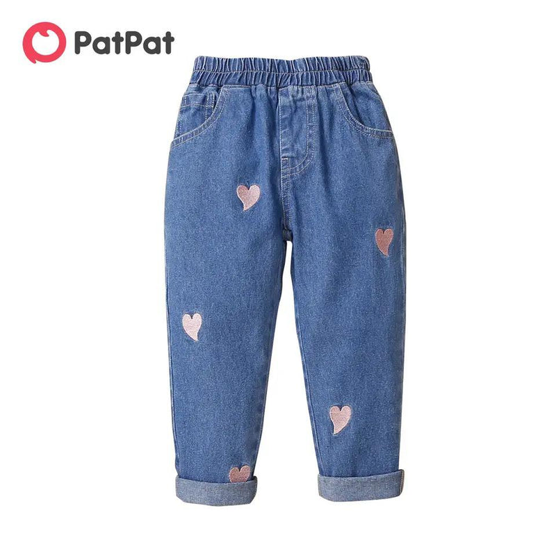 PatPat Toddler Girl Heart Embroidered Elasticized Blue Denim Jeans 3-4 Years 20318501