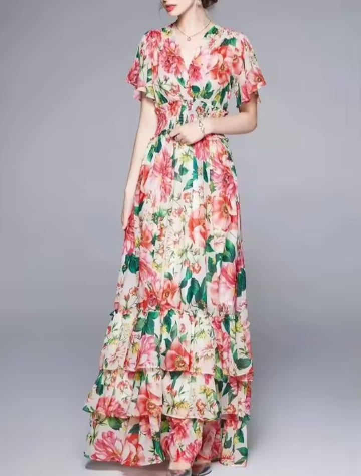 Women's Bohemian Floral Maxi Dress, Bohemian Flower Print, V Neck, Butterfly Sleeve, Elastic Waist, Cascading Ruffles, Long, Summer X4465536 Women's Bohemian Floral Maxi Dress, Bohemian Flower Print, V Neck, Butterfly Sleeve, Elastic Waist, Cascading Ruffles, Long, Summer X4465536