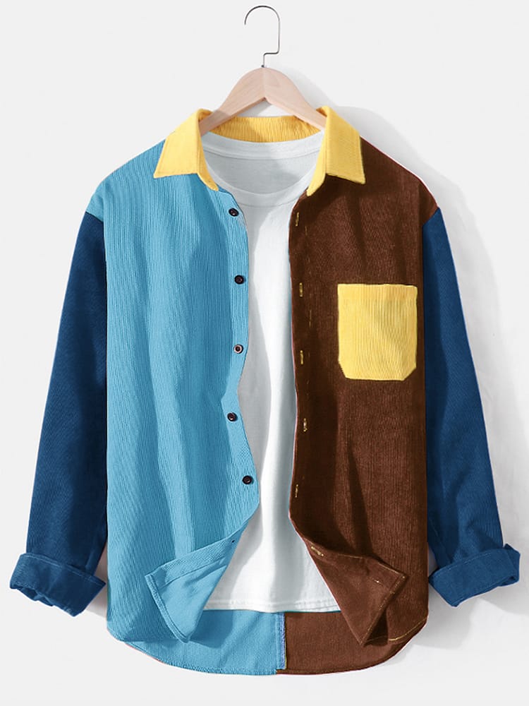Mens Corduroy Colorblock Patchwork Loose Chest Pocket Long Sleeve Shirts 2XL S4095244