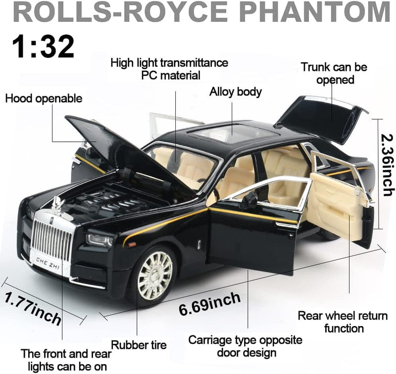 Diecast Cars 1:32 Scale Rolls-Royce Phantom Model Car with Sound and Light for Kids Boy Girl Gift 005405001 - Black