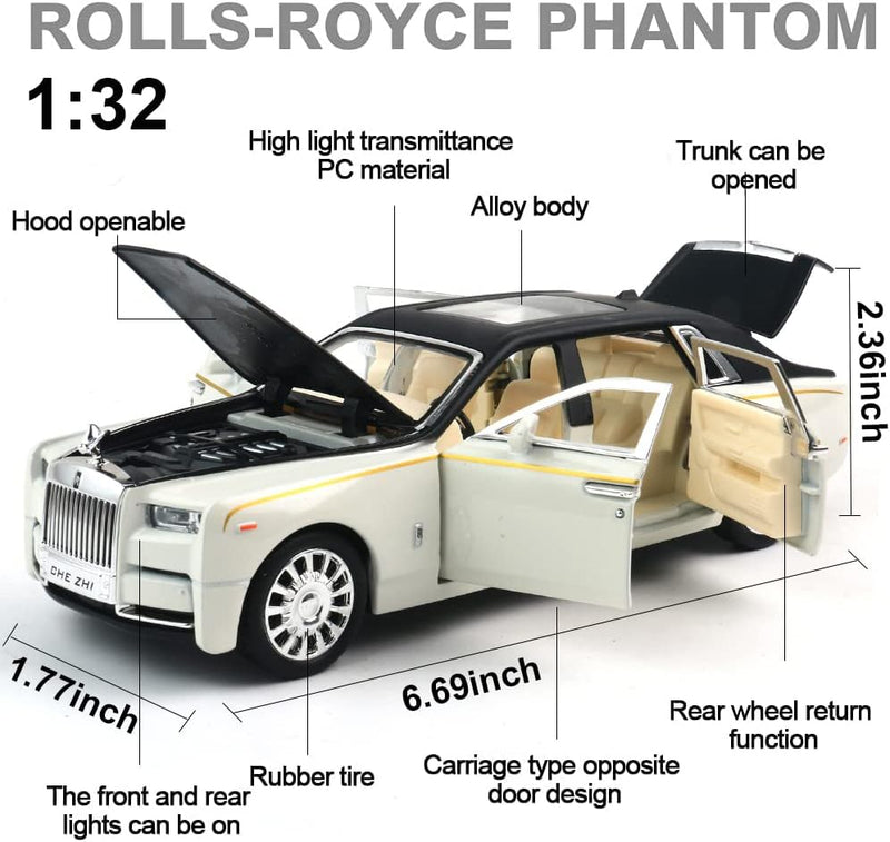 Diecast Cars 1:32 Scale Rolls-Royce Phantom Model Car with Sound and Light for Kids 005405000 - White