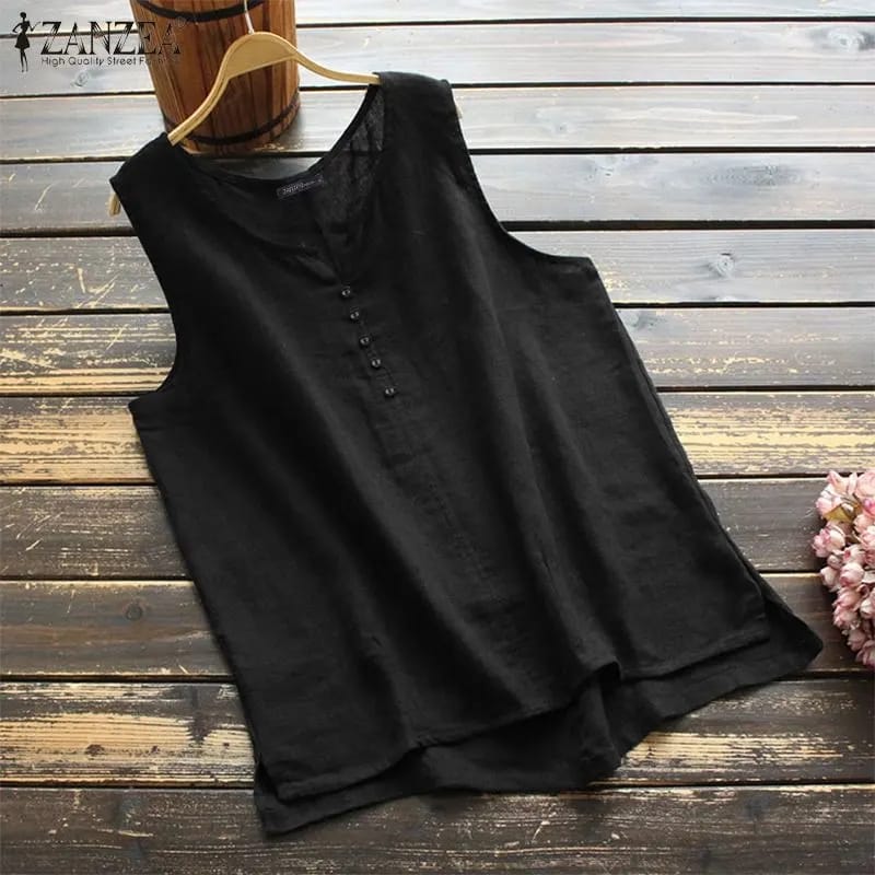Vintage Cotton Blouse ZANZEA Summer Tanks Tops Women Sleeveless Solid Shirt Casual Loose Split Hem Blusas Tunic Mujer 3XL S3168904 - Tuzzut.com Qatar Online Shopping