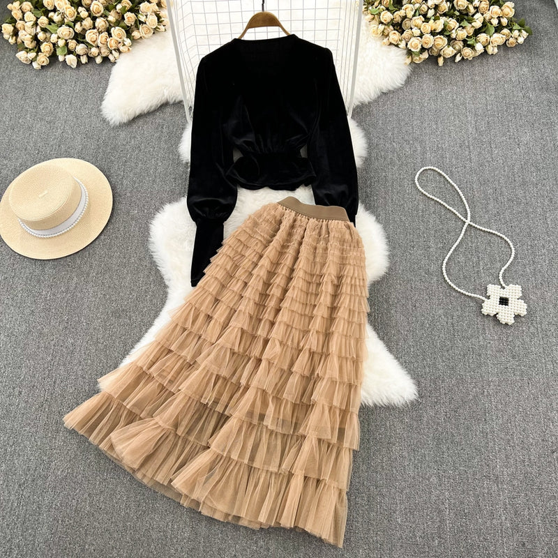 Women's Long Sleeve Solid Color Skirts Set L 430762