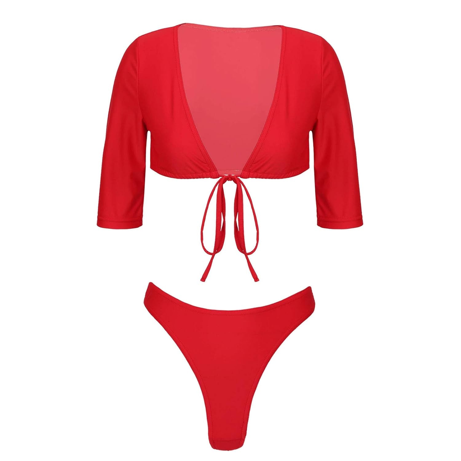 Woman Deep V Bikini Swimsuit Half Sleeve Tie Front Top with Thong Briefs 2 Pcs Bathing Suit 122085 Woman Deep V Bikini Swimsuit Half Sleeve Tie Front Top with Thong Briefs 2 Pcs Bathing Suit 122085