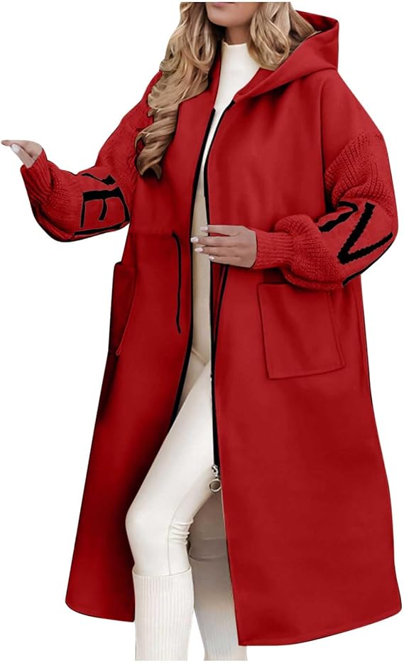 Women Fashion Letter Knitted Hooded Jackets  Zipper Drawstring Long Overcoat 169469 - TUZZUT Qatar Online Shopping